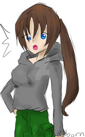 A quick pic of my character Elizabeth for my PC game demo JIANI. It shows a young woman with hair pulled into a ponytail. She has a hand on her hip and a shocked expression on her face.