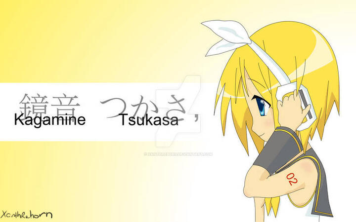Rin Kagamine drawn in the style of Tsukasa Hiiragi from Lucky Star