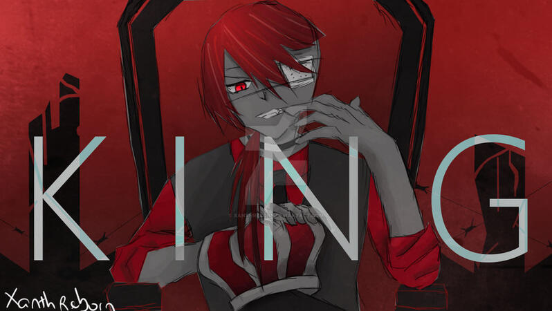 A picture of a man seated on a throne with a crown on his lap. There's text across the image that reads KING.