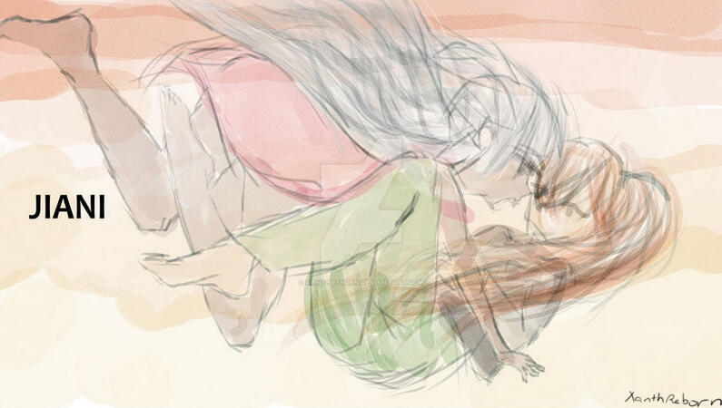 Splash screen for JIANI, a game demo I made. It shows two women falling through the sky in each other's arms.